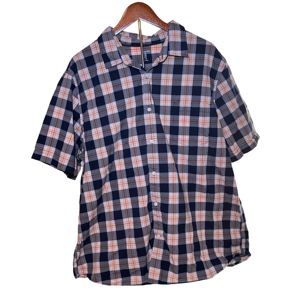 Amazon Essentials Men's XXL Plaid Button Down Navy Orange Slim Fit Short Sleeve